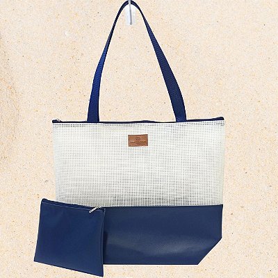 Bolsa de Praia com Necessaire na cor Azul Marinho com Tela Branca