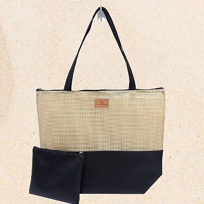 Bolsa de Praia com Necessaire na cor Preta com Tela Bege