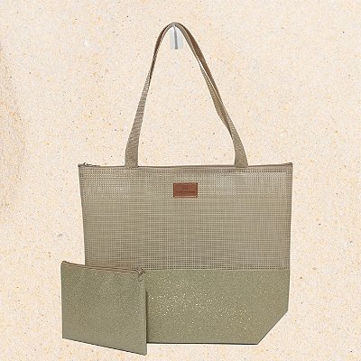 Bolsa de Praia com Necessaire na cor Dourado Shine com Tela Bege