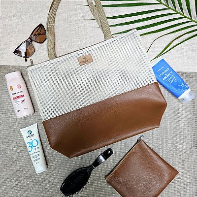 Bolsa de Praia com Necessaire na cor Cobre com Tela Palha