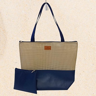 Bolsa de Praia com Necessaire na cor Azul Marinho com Tela Bege