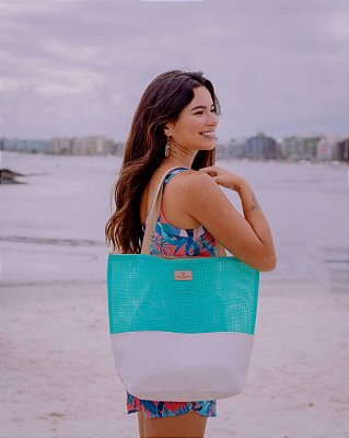 Bolsa de Praia com Necessaire na cor Perolado com Tela Tiffany