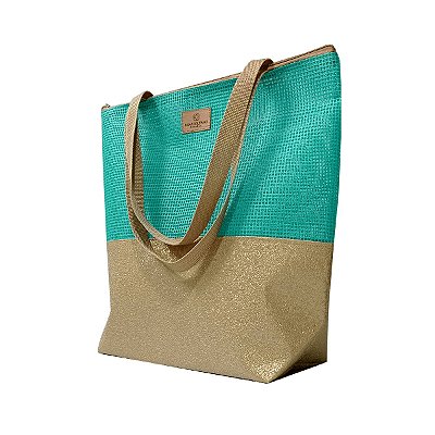 Bolsa de Praia com Necessaire na cor Dourado Shine com Tela Tiffany
