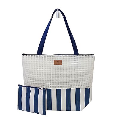 Bolsa de Praia com Necessaire na cor Azul Listrada com Tela Branca