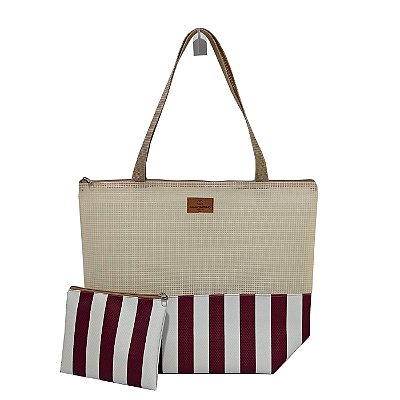 Bolsa de Praia com Necessaire na cor Vinho Listrada com Tela Palha