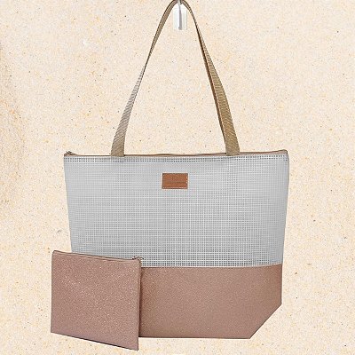 Bolsa de Praia com Necessaire na cor Rosê Shine com Tela Branca