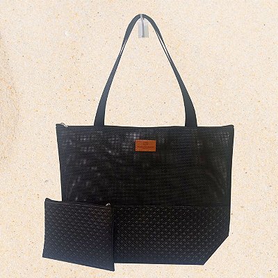 Bolsa de Praia em Tela Premium Preta com Matelassê Preto