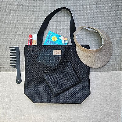 Bolsa de Praia com Necessaire - Trançado Luxo - Preto