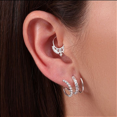 Brinco Ear Cuff 3 Fios de Prata 925-Zircônia, Bolinha e Liso