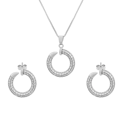 Colar e Brinco Prego Cravejado Zircônias - Ródio Branco