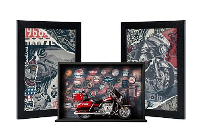 Kit Presente Harley-Davidson Electra Glide 1:12 + Expositor + Quadros