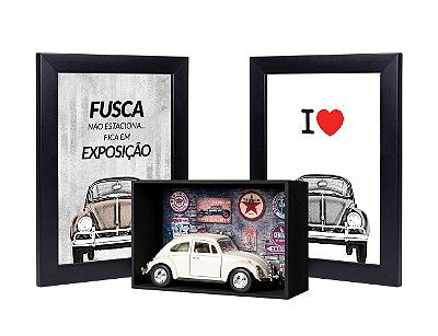 Presente para quem gosta de Fusca - Kit Miniatura Expositor e Quadro