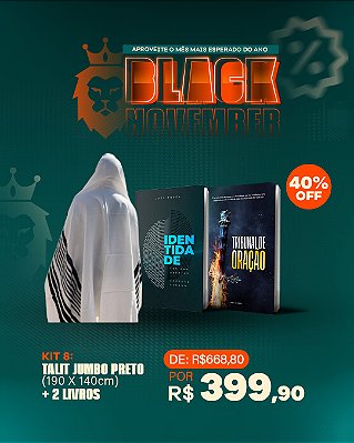 Kit 8 - Talit Jumbo Preto (190 x 140cm) + 2 Livros (DNA Espiritual + Tribunal de Oração)