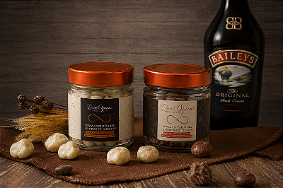 Duo Baileys - Macadâmias Caramelizadas Cobertas Com Chocolate Ao Leite e Branco e Baileys