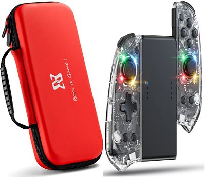 Gamepad Joycon Edição Slim RGB Transparente para Nintendo Switch + Bolsa de transporte vermelha