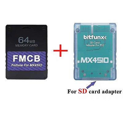 Kit Adaptador de Cartão SD MX4SIO + Memory Card 64MB FMCB Fortuna MX4SIO para PS2 Slim - Bitfunx