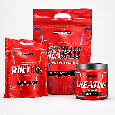 KIT MASSA MUSCULAR – HIPERCALÓRICO 3KG + WHEY 900G + CREATINA 300G