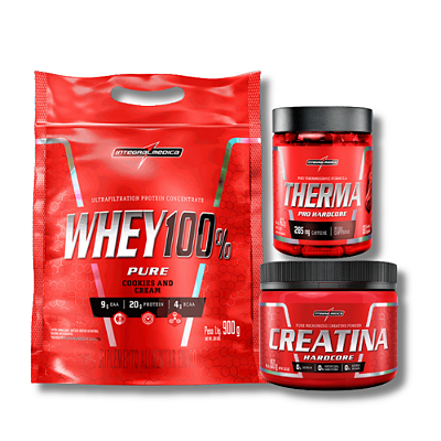 KIT INTEGRALMEDICA: 1X WHEY PROTEIN 907G + CREATINA 150G + THERMA PRO HARDCORE 60 CÁPS