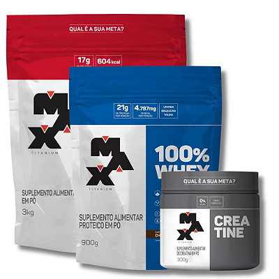 COMBO GANHO DE MASSA MUSCULAR: HIPERCALÓRICO 3 KG + WHEY PROTEIN REFIL 900G + CREATINA MONOHIDRATA 300G - MAX TITANIUM