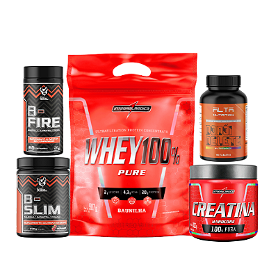 COMBO EMAGRECIMENTO: B- FIRE + B- SLIM + CREATINA + WHEY PROTEIN 100% + MULTIVITAMÍNICO