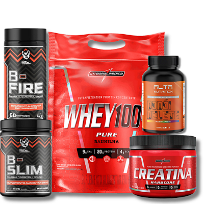 COMBO EMAGRECIMENTO: B- FIRE + B- SLIM + CREATINA + WHEY PROTEIN 100% + MULTIVITAMÍNICO