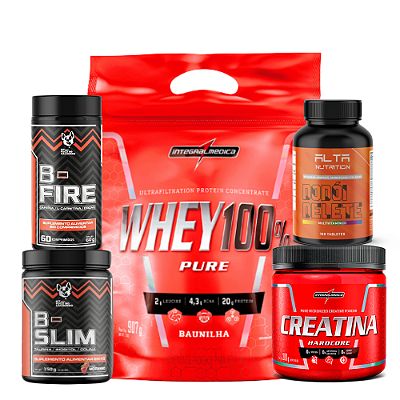 COMBO EMAGRECIMENTO: B- FIRE + B- SLIM + CREATINA + WHEY PROTEIN 100% + MULTIVITAMÍNICO
