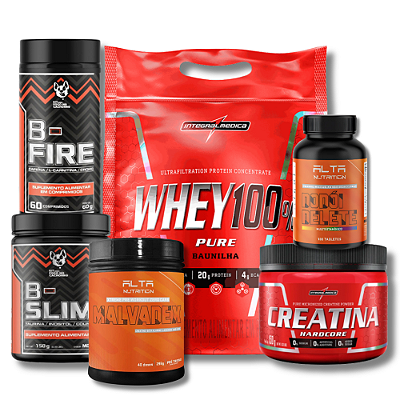 KIT COMPLETÃO: B- FIRE + B- SLIM + PRÉ TREINO + CREATINA + WHEY PROTEIN + MULTIVITAMÍNICO
