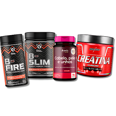 COMBO: B-FIRE (TERMOGÊNICO) + B-SLIM (DIURÉTICO) + CREATINA INTEGRALMÉDICA + CABELO, PELE E UNHA