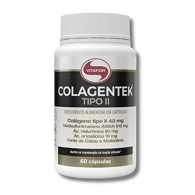 COLAGENTEK TIPO 2 60 CÁPS - VITAFORVida em movimento   COLAGENTEK® TIPO II é um suplemento alimentar à base de colágeno tipo II, metilsulfonilmetano (MSM), ácido hialurônico, extrato de alho em pó (Allium sativum L.) e minerais, com zero adição de açúcare