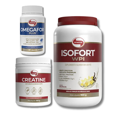 WHEY ISOLADO ISOFORT 900G + CREATINA MONOHIDRATA 300G + ÔMEGAFOR PLUS 60 CÁPS - VITAFOR