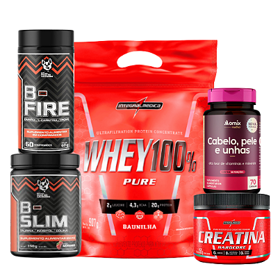 COMBO PERFORMANCE E ESTÉTICA (B- FIRE + B- SLM + CREATINA 150G + WHEY PROTEIN 900G + CABELO, PELE E UNHA OMIX)