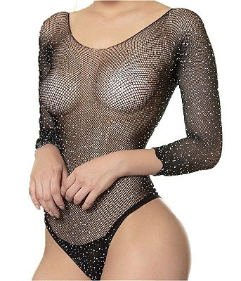 Body Sensual com Detalhes em Strass - Cor: Preto - Tamanho: Único | Y2065