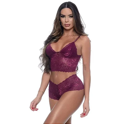 Conjunto Cropped e Calesson em Renda s/ Bojo | Vinho
