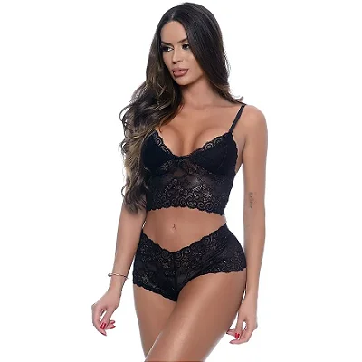 Conjunto Cropped e Calesson em Renda s/ Bojo | Preto
