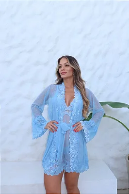 Robe com Camisola sem Bojo Passion Brilho | Azul Místico