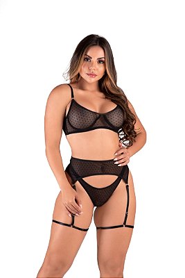 Conjunto sexy Barbara  em tule dot com cinta liga | Preto