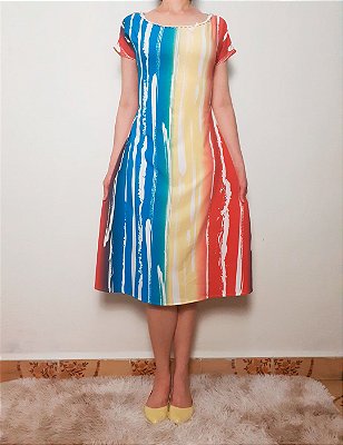 Vestido Midi Tie Dye Cintura Elastex Fresco Moda Evangelica