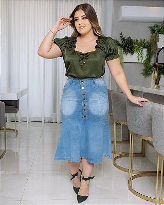 Saia Jeans Midi Peplum Destroyed Moda Feminina Evangelica