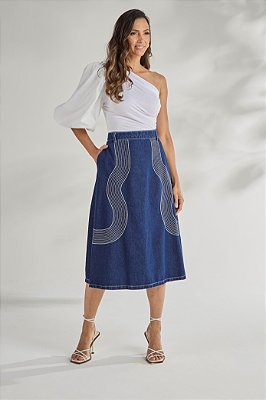 Saia Jeans Midi Evasê Moderna Cintura Alta Moda Evangélica Feminina