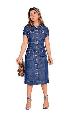 Vestido Jeans Midi Bolsos Botões Reto Moda Evangélica Feminina