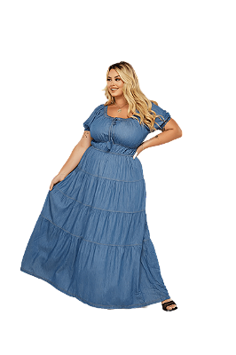 Vestido Plus Size Jeans Longo Maria Moda Evangélica Feminina