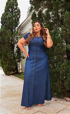 Vestido Plus Size Jeans Longo Reto Moda Evangélica Feminina