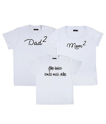 Kit Família 03 Camisetas Brancas Pai de 2, Mãe de 2 e Irmão Mais Velho