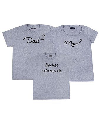 Kit Família 03 Camisetas Cinzas Pai de 2, Mãe de 2 e Irmão Mais Velho