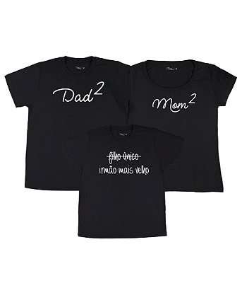 Kit Família 03 Camisetas Pretas Mãe de 2 Pai de 2 Irmão mais velho