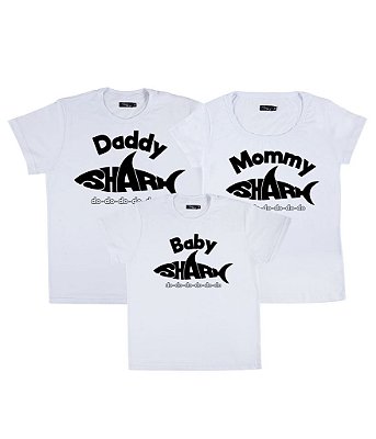 Conjunto Família 03 Camisetas Brancas Daddy Shark Mommy Shark e Baby Shark