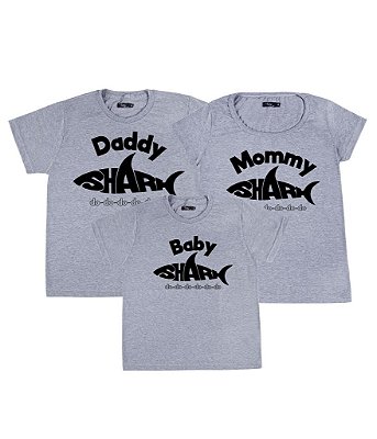 Conjunto Família 03 Camisetas Cinzas Daddy Shark Mommy Shark e Baby Shark