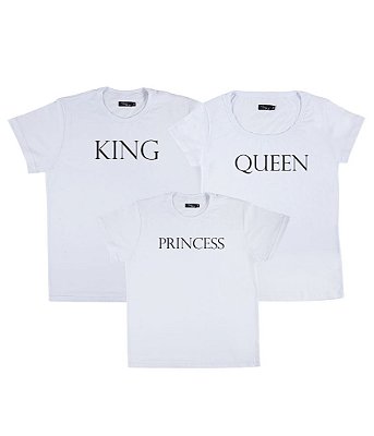 Kit Família 03 Camisetas Brancas King Queen e Princess
