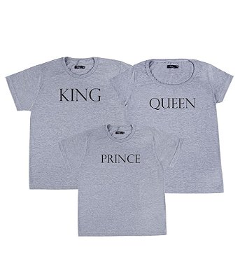 Kit Família 03 Camisetas Cinzas King Queen e Prince
