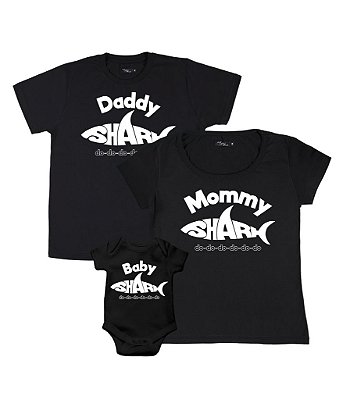 Kit Família 02 Camisetas Pretas e 01 Body Preto Daddy Shark, Mommy Shark & Baby Shark